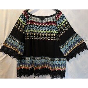 ALI MILES Crochet Lace Trim Black Multi Boho Art Bell Sleeves Peasant Tunic 2X